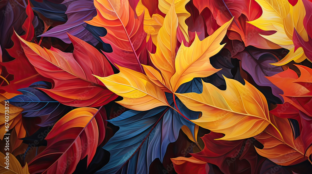 A vibrant explosion of abstract, colorful leaves in a dynamic autumn display Ai Generative