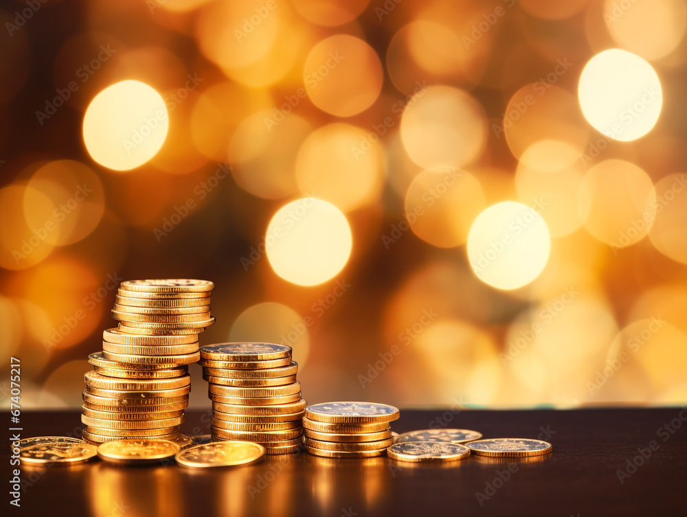 Stacking and pile of gold coins on the table with bokeh background. Gold and financing concept design and setting out. Stacking and pile of gold coins on the table with bokeh background. Gold and financing concept design and setting out.