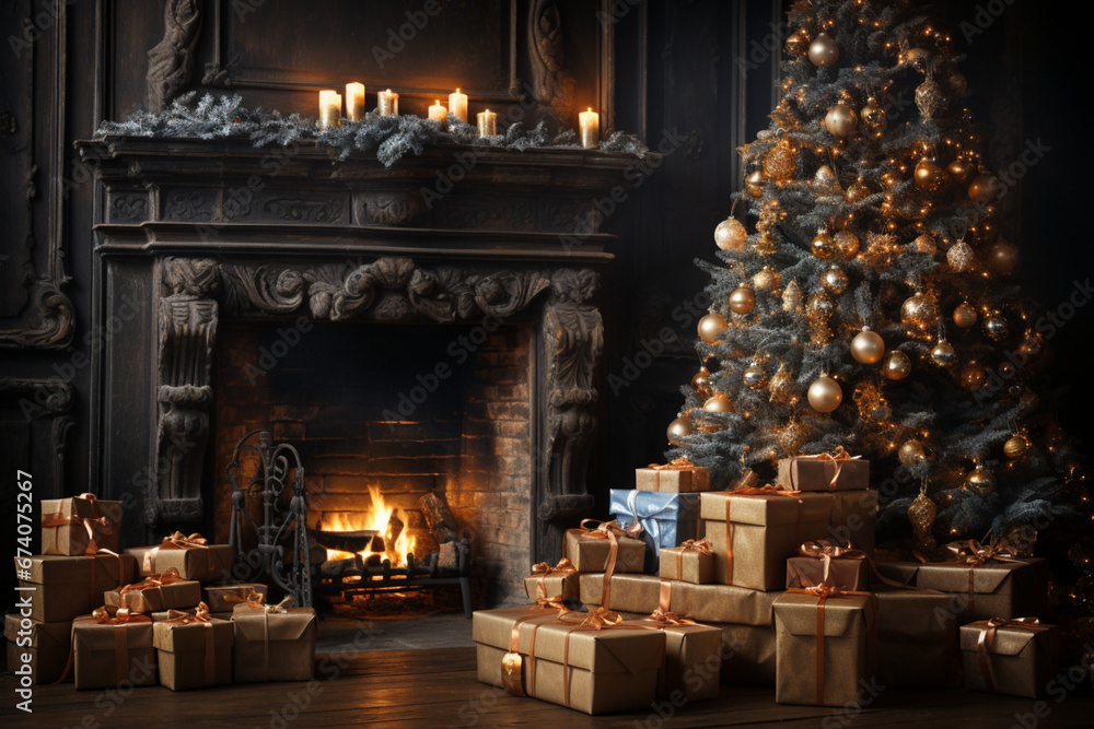 Elegant Christmas Living Room with Decorated Xmas Tree, Fireplace, and Pile of Wrapped Gifts, New Year Home Interior Background.