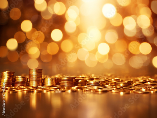 Stacking and pile of gold coins on the table with bokeh background. Gold and financing concept design and setting out.