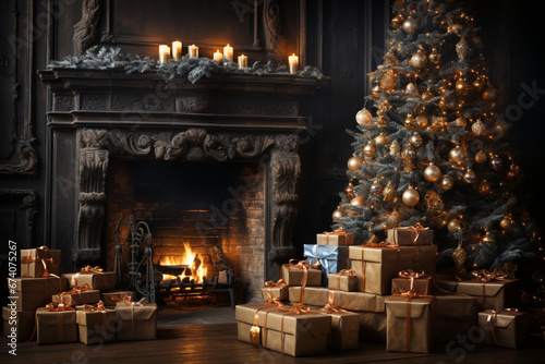Elegant Christmas Living Room with Decorated Xmas Tree, Fireplace, and Pile of Wrapped Gifts, New Year Home Interior Background. © Alex