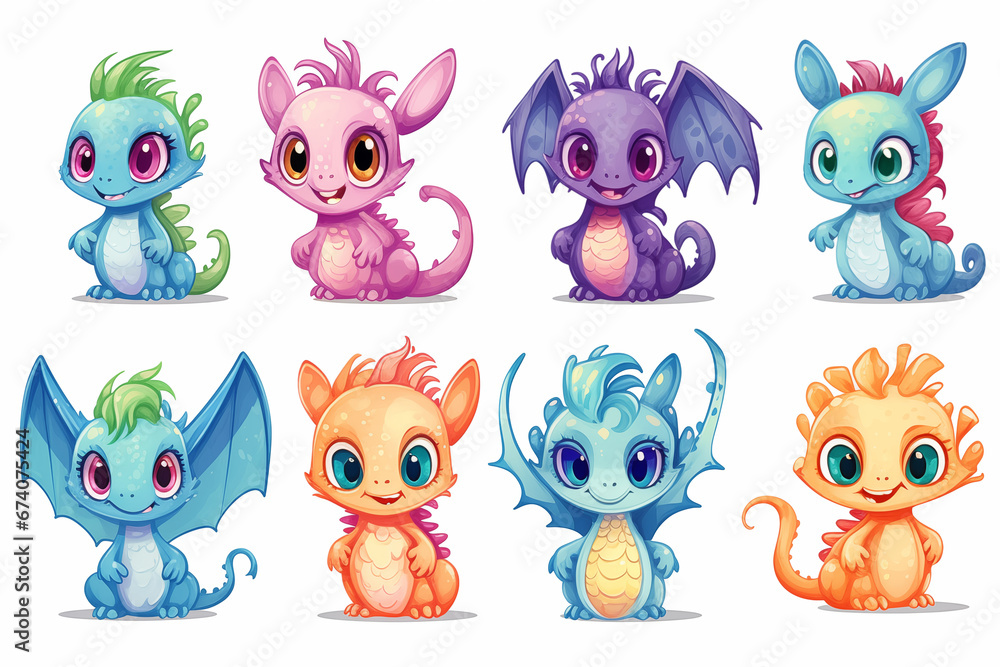 Set of cartoon dragons in pastel watercolor colors stickers, set sitting dragons with big eyes, colorful illustrations, clean and simple designs on a white background