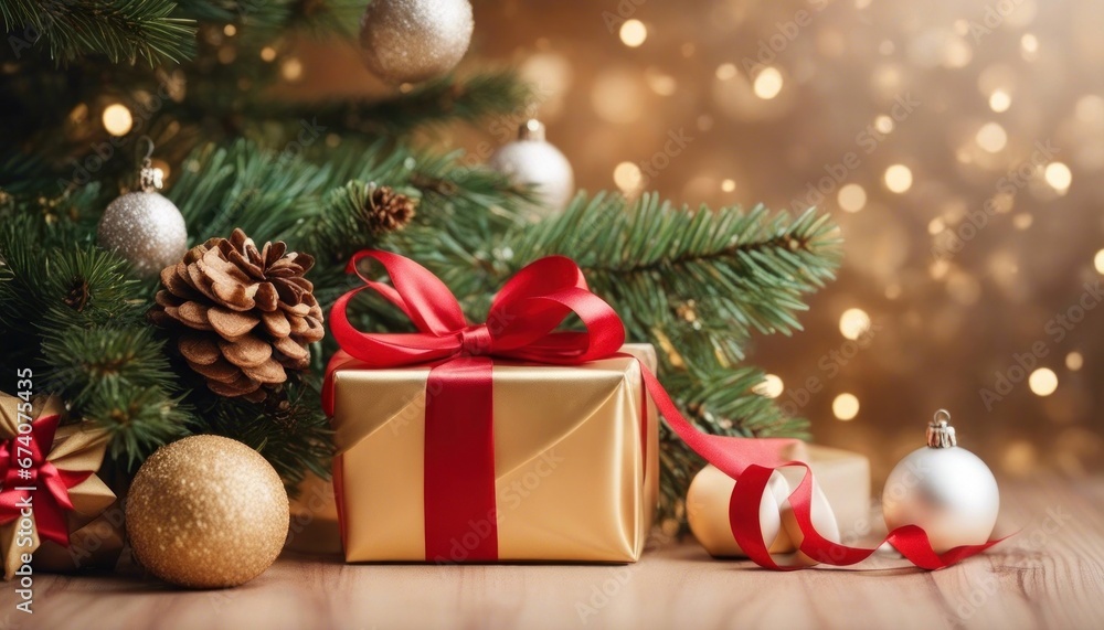 Fototapeta premium Christmas tree composition on light gold background with beautiful Golden gift box with red ribbon