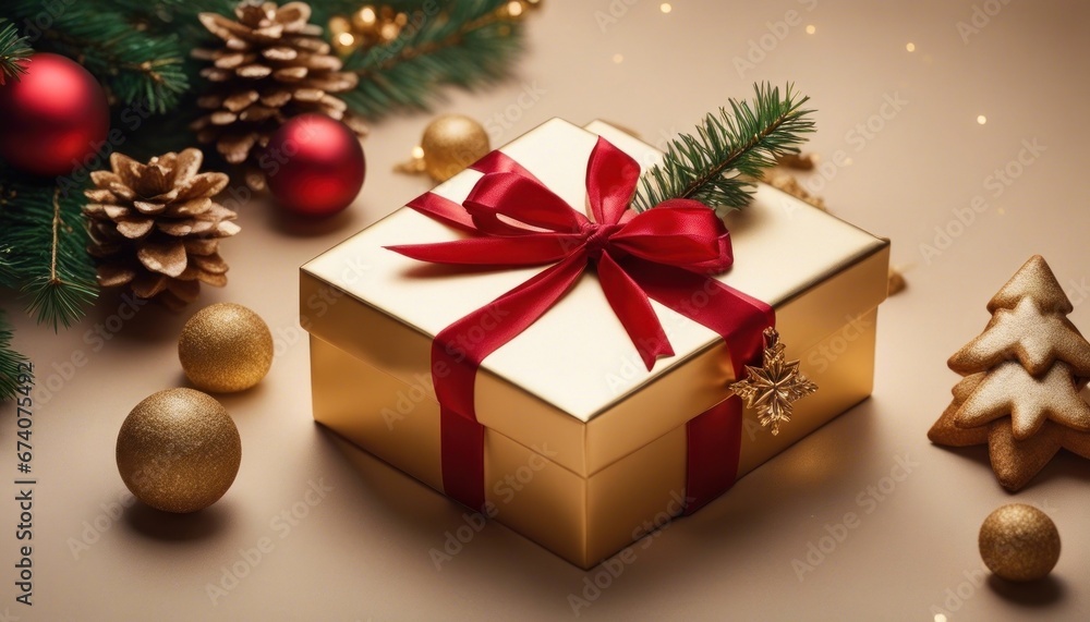 Christmas tree composition on light gold background with beautiful Golden gift box with red ribbon Christmas tree composition on light gold background with beautiful Golden gift box with red ribbon