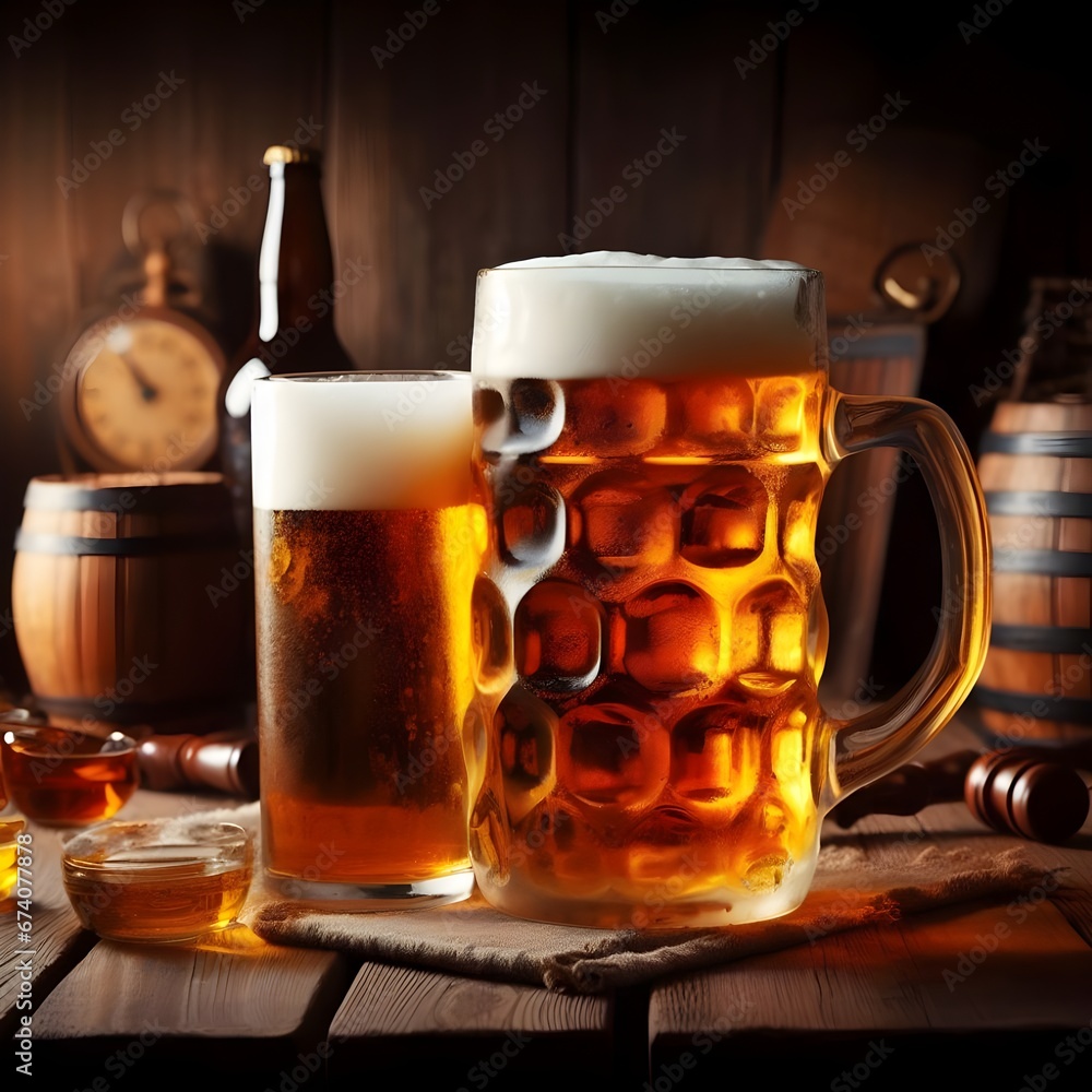 Pints full of beer in a pub, ultra realistic generative ai