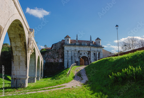 Italian landscape. View of the ancient city walls of Palmanova. Porta Udine. 