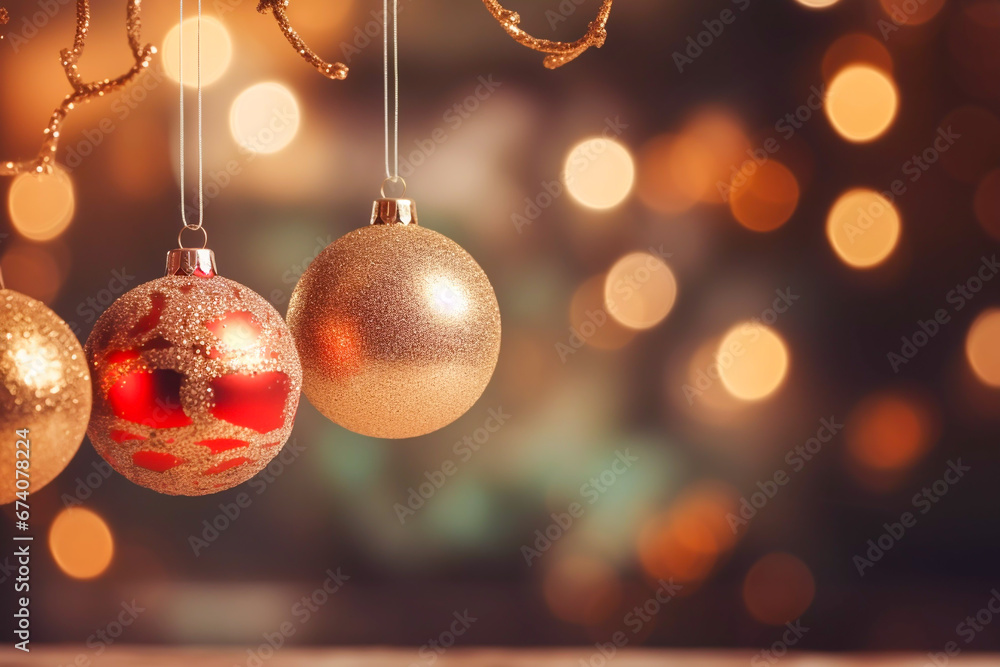 Fototapeta premium Festive Christmas hangingbaubles against an out of focus background Christmas and new year greeting card image desktop background