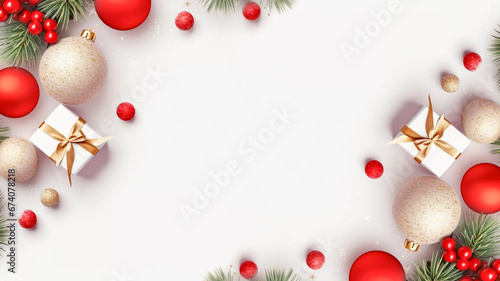 Festive Christmas image with a miniature gift box baubles and berries on a white background festive Christmas greeting card desktop background wallpaper