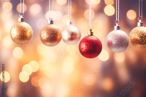 Festive hanging Christmas balls against an out of focus background Christmas and new year greeting card image desktop background