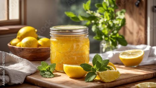 Jam with lemon and mint on the table photo