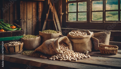 Organically produced and harvested vegetables and fruits from the farm. Dry beans in wooden crates and sacks. Stored and displayed in the warehouse