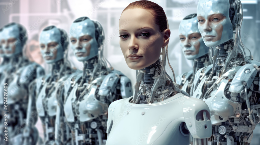Robotic Female Team Together in High-Tech World Robotic Female Team Together in High-Tech World