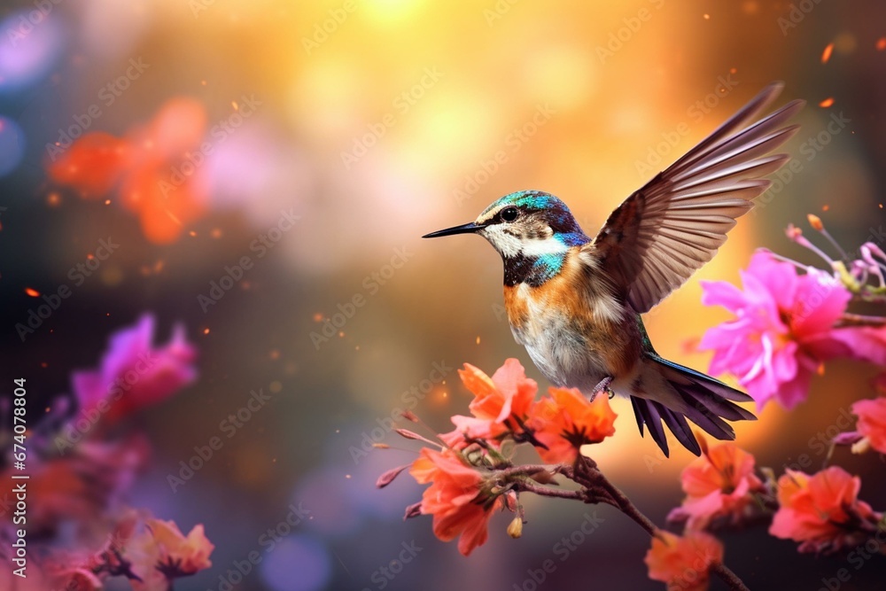 Design of bird landing on flowers with blurred background. Generative AI - obrazy, fototapety, plakaty 