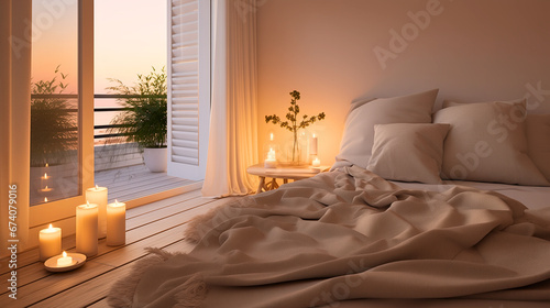 In a bedroom retreat, warm ambient lighting highlights rich textures in cushions and bedding, accentuating a luxurious bed against a simple architectural backdrop, ideal for relaxation and comfort. © Roberto