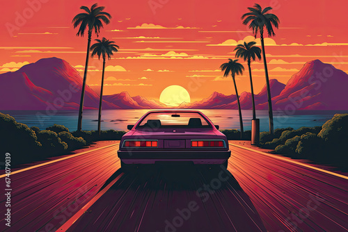 Retro Style Sunset with Palm Trees and Classic Car