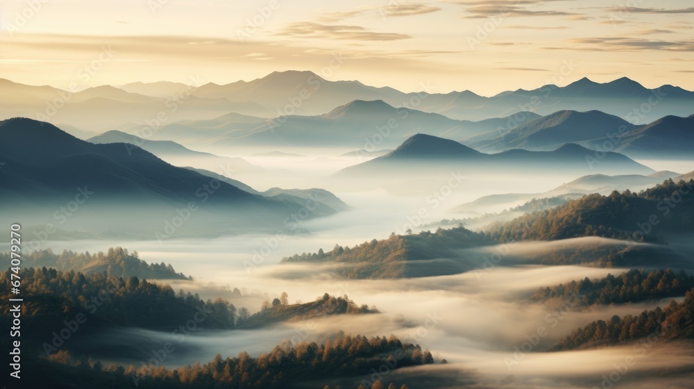 Sunrise Over Mountains: A Drone’s View of Foggy Morning in the Countryside, Generative AI