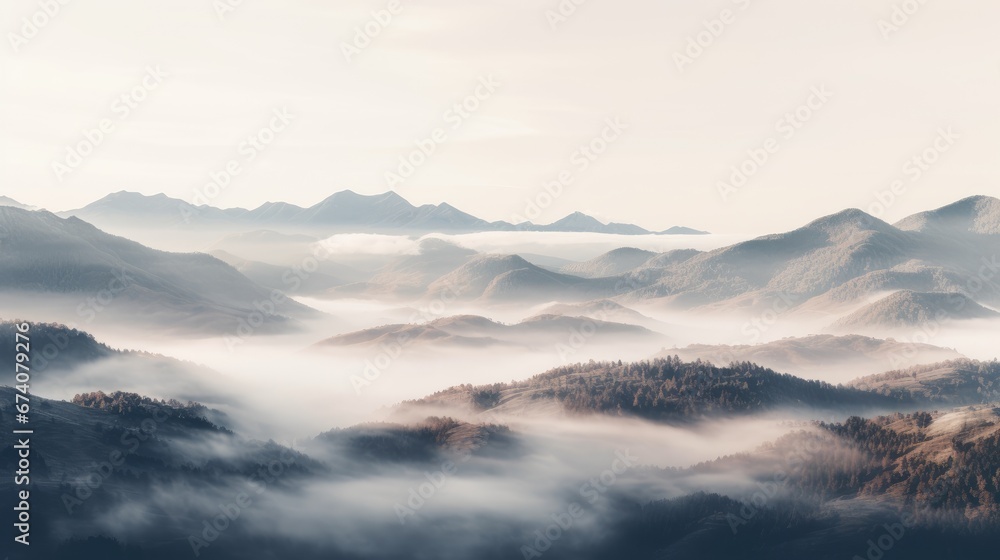 Drone Perspective of Morning Fog Blanketing Mountains at Sunrise in Tranquil Countryside, Generative AI