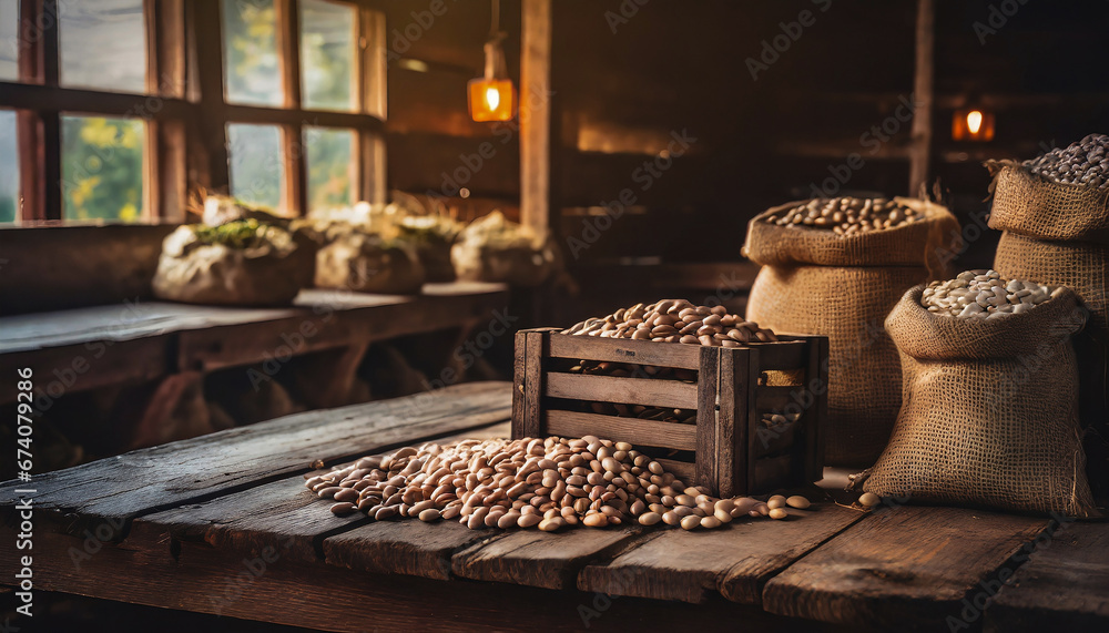 Organically produced and harvested vegetables and fruits from the farm. Dry beans in wooden crates and sacks. Stored and displayed in the warehouse - obrazy, fototapety, plakaty 