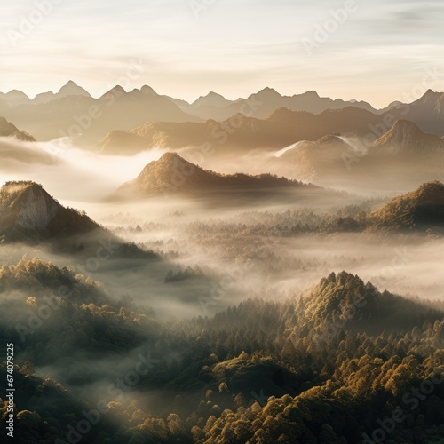 Foggy Mountain Sunrise: Drone Shot of Minimalist Countryside Bathed in Morning Light, Generative AI