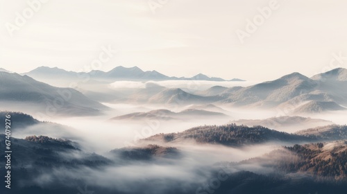 Drone Perspective of Morning Fog Blanketing Mountains at Sunrise in Tranquil Countryside, Generative AI