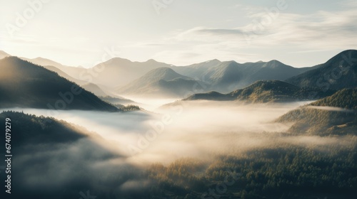 Drone Capture of Serene Countryside Landscapes at Sunrise with Fog Rolling Over Mountains, Generative AI