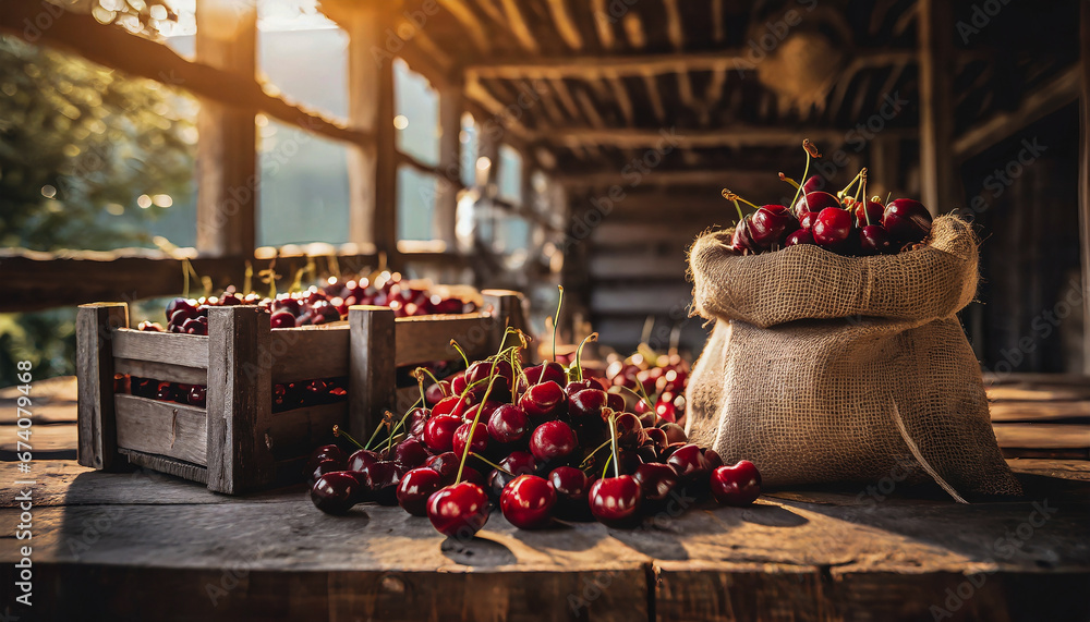 Organically produced and harvested vegetables and fruits from the farm. Fresh cherries in wooden crates and sacks. Stored and displayed in the warehouse