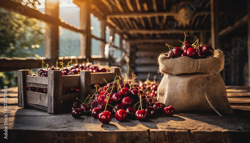 Organically produced and harvested vegetables and fruits from the farm. Fresh cherries in wooden crates and sacks. Stored and displayed in the warehouse