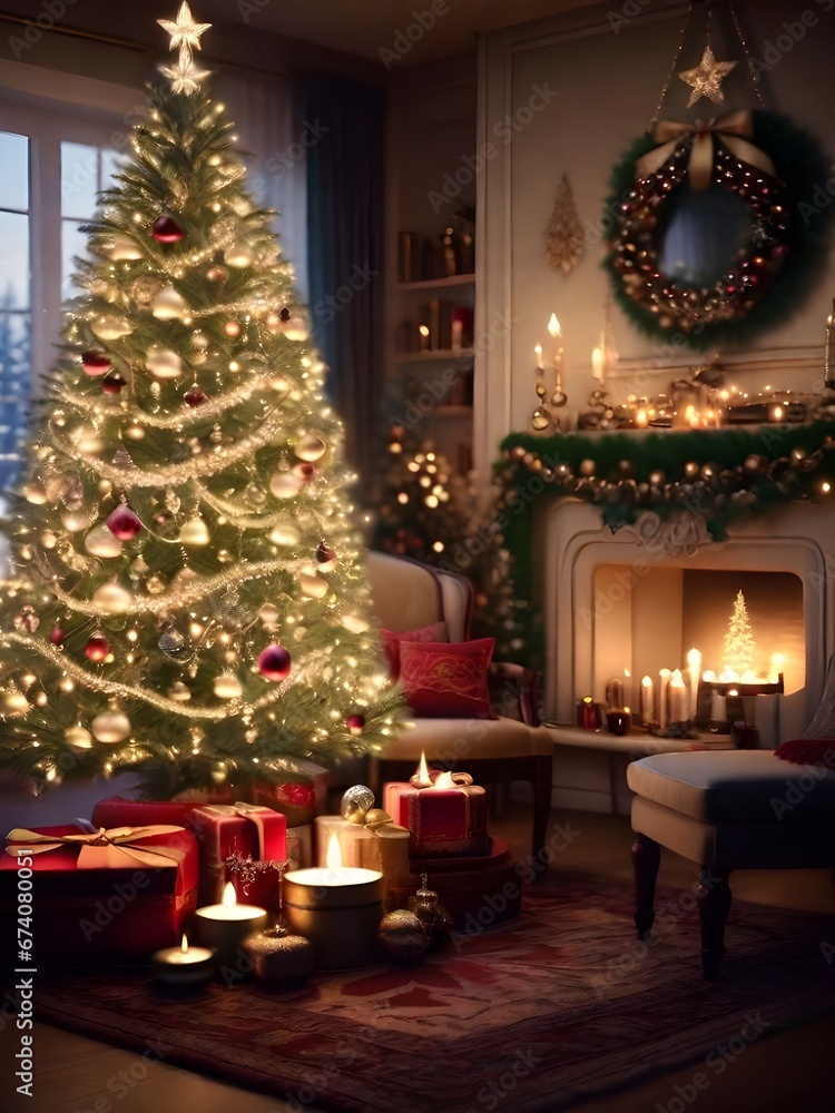 A beautifully decorated Christmas tree stands in the corner of a cozy living room, adorned with sparkling lights, ornaments, and a shimmering star on top, Generative ai