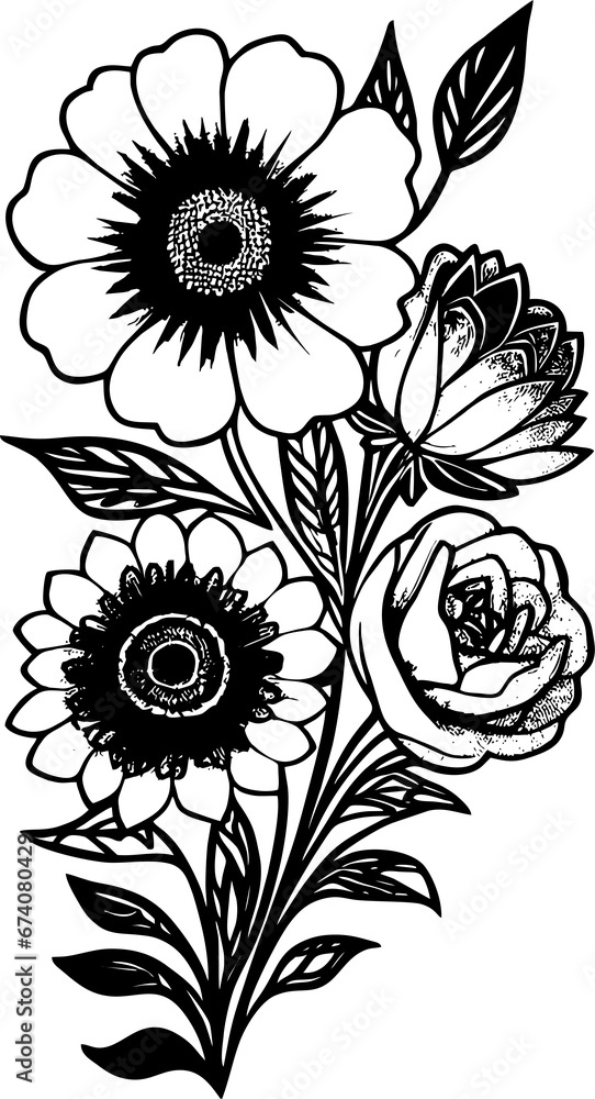 black graphic drawing of a bouquet of flowers without background, isolated element, decor