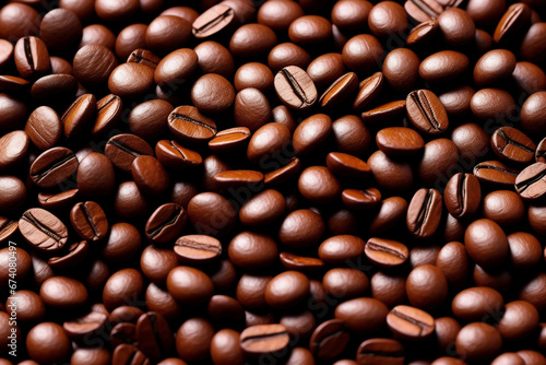 Background of scattered roasted coffee beans. AI generative.