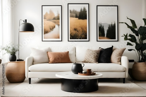 White sofa and black coffee table against white wall with art poster. Scandinavian boho home interior design of modern living room generative AI 