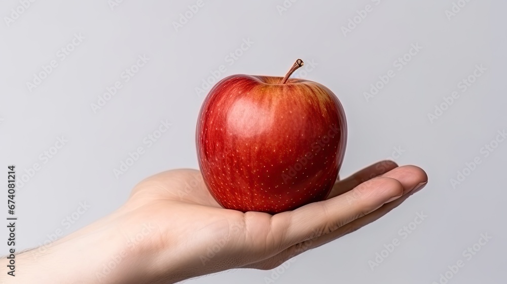Pristine red apple in hand, symbol of health, neutral backdrop Pristine red apple in hand, symbol of health, neutral backdrop