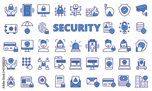 Security icon set in line design blue. Protection, Safety, Secure, Guard, Alarm, Surveillance, Lock, Access, Privacy, Cyber, Data vector illustrations. Security Editable stroke icons.