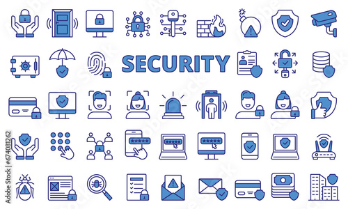 Security icon set in line design blue.  Protection, Safety, Secure, Guard, Alarm, Surveillance, Lock, Access, Privacy, Cyber, Data vector illustrations. Security Editable stroke icons.