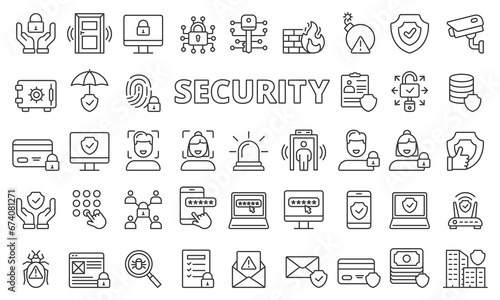 Security icon set in line design.  Protection, Safety, Secure, Guard, Alarm, Surveillance, Lock, Access, Privacy, Cyber, Data vector illustrations. Security Editable stroke icons.