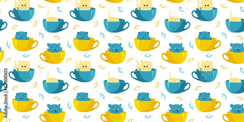 Pattern tea time with cat. Vector image, Flat Template design poster with kittens and cups, international tea day. 