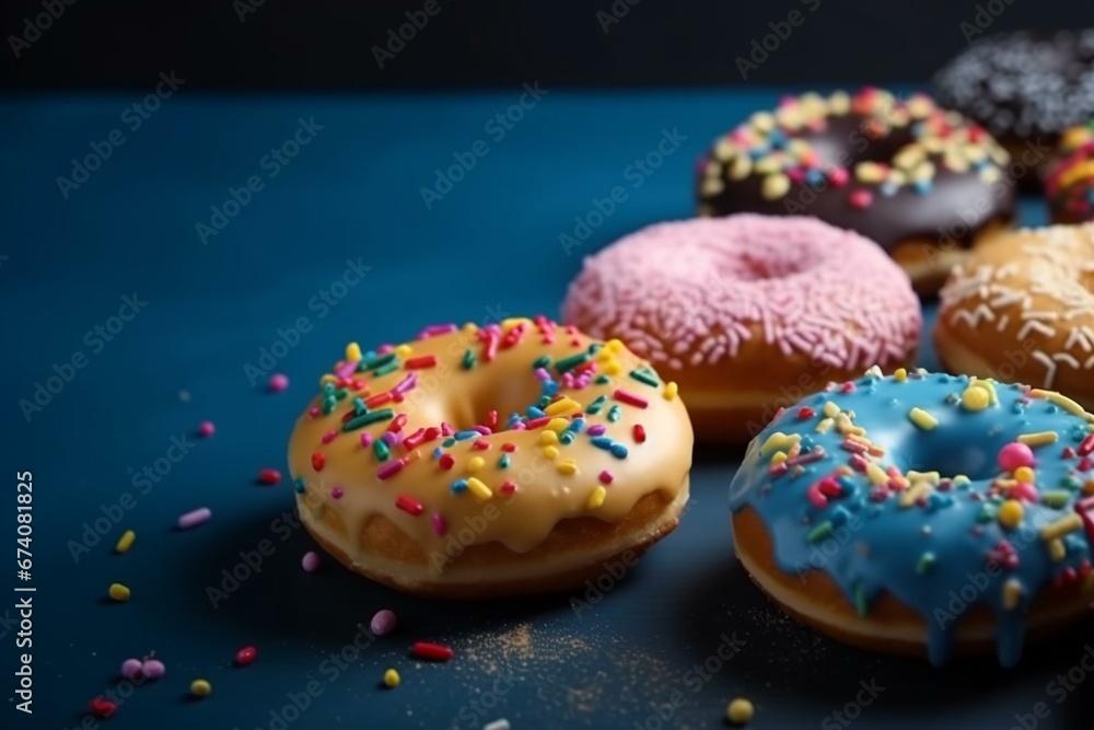 Assorted isolated doughnuts with colorful sprinkles on blue background. Generative AI