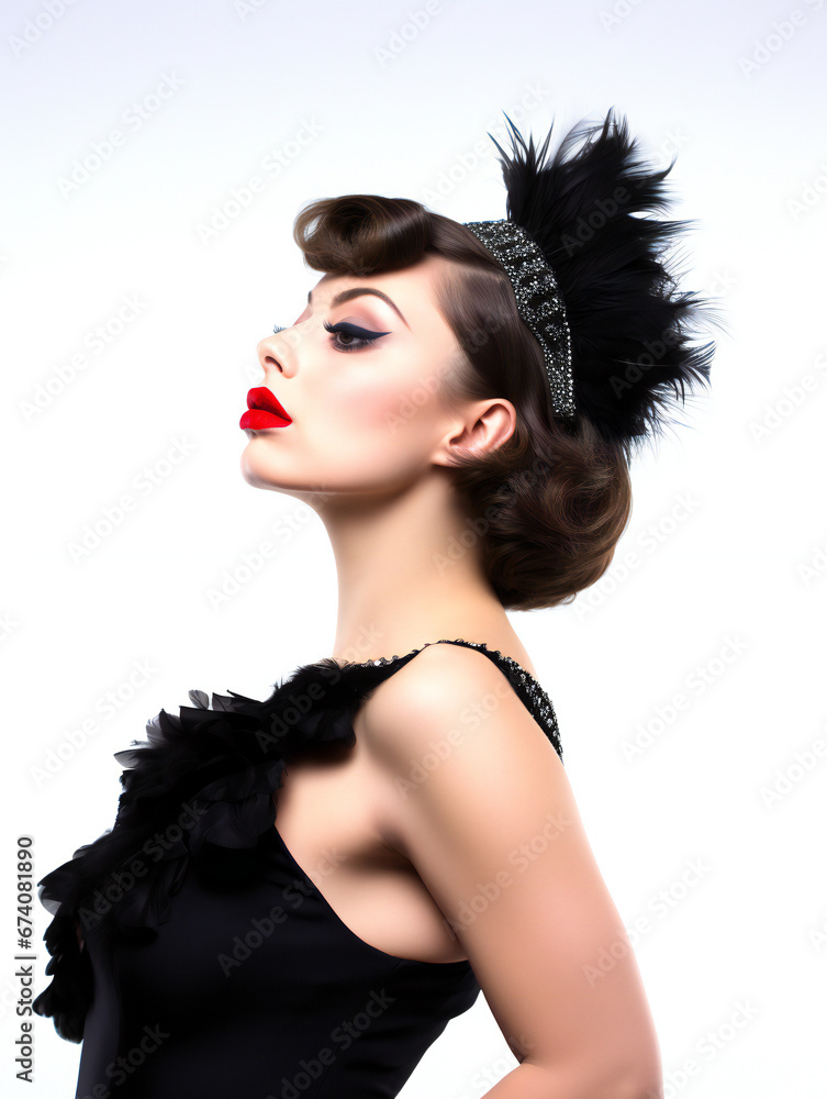 Partying woman portrait with burlesque style. Isolated white background. Generative AI