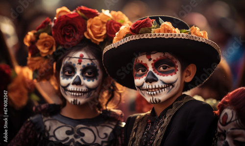 enfants déguisés avec des masque de tête de mort pour halloween ou día de los muerto 