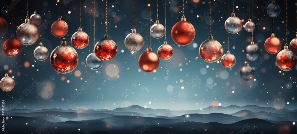 Christmas decorations with snowflake ornament. Christmas decorations banner poster. Horizontal format for banners, posters, advertising, gift cards. AI generated. Christmas decorations with snowflake ornament. Christmas decorations banner poster. Horizontal format for banners, posters, advertising, gift cards. AI generated.