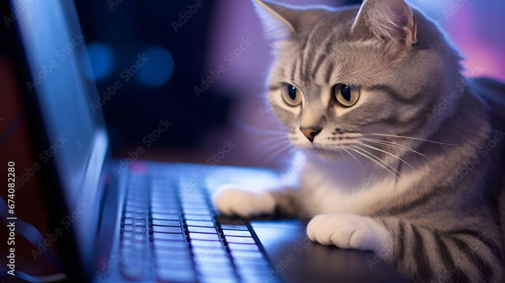 British cute cat working on a laptop late at night. Online work concept. British cute cat working on a laptop late at night. Online work concept.