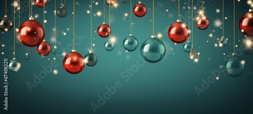 Christmas decorations in red and turquoise colors. Christmas decorations banner poster. Horizontal format for banners, posters, advertising, gift cards. AI generated.