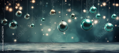 Christmas decorations in blue and turquoise colors. Christmas decorations banner poster. Horizontal format for banners, posters, advertising, gift cards. AI generated.