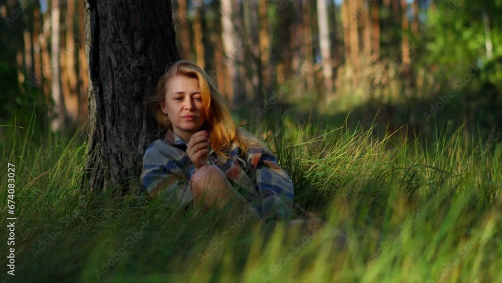 Peaceful girl sits in the tall thick grass under a tree resting and relaxing sitting on the grass in a park concept of relaxation and meditative state 