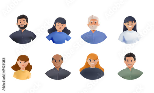 Set of 3d people avatars. Multinational business team. Diverse cartoon men and women of various ethnicities. Portraits of happy people on a white background. Cartoon characters woman and man, vector