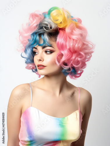 Partying woman portrait with colorful hair style. Isolated white background. Generative AI