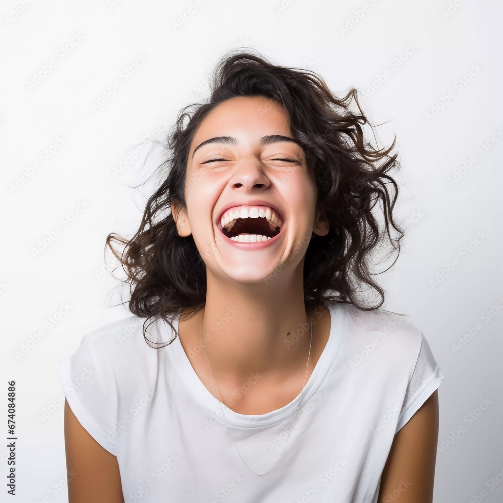 happy laughing young woman on isolated white background happy laughing young woman on isolated white background
