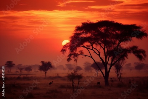 African sunrise with warm red and amber hues. Generative AI © Khaled