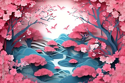 Paper-cut style illustration of blossoming trees in a spring scenery. Generative AI