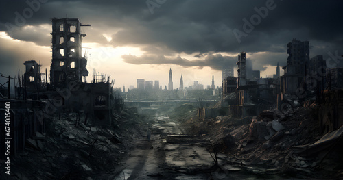 destroyed city, house explosions, burned city street, Smoke rise, bombed destroyed buildings, Apocalyptic view,